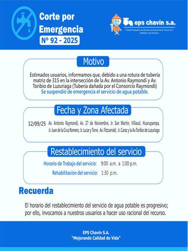 Corte programado en Huaraz