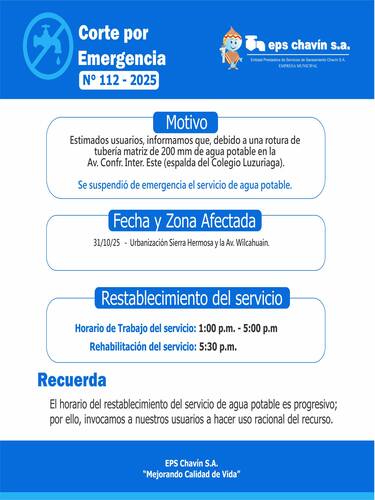 Corte programado en Huaraz