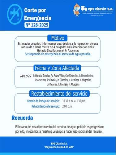 Corte programado en Huaraz